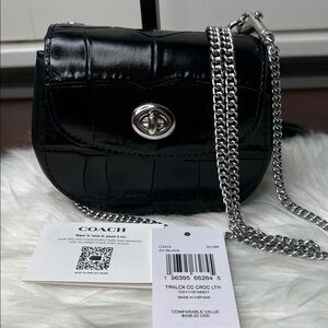 Coach Black Croc Embossed Turnlock Card Case Mini With Chain Bag Retail $228 NWT